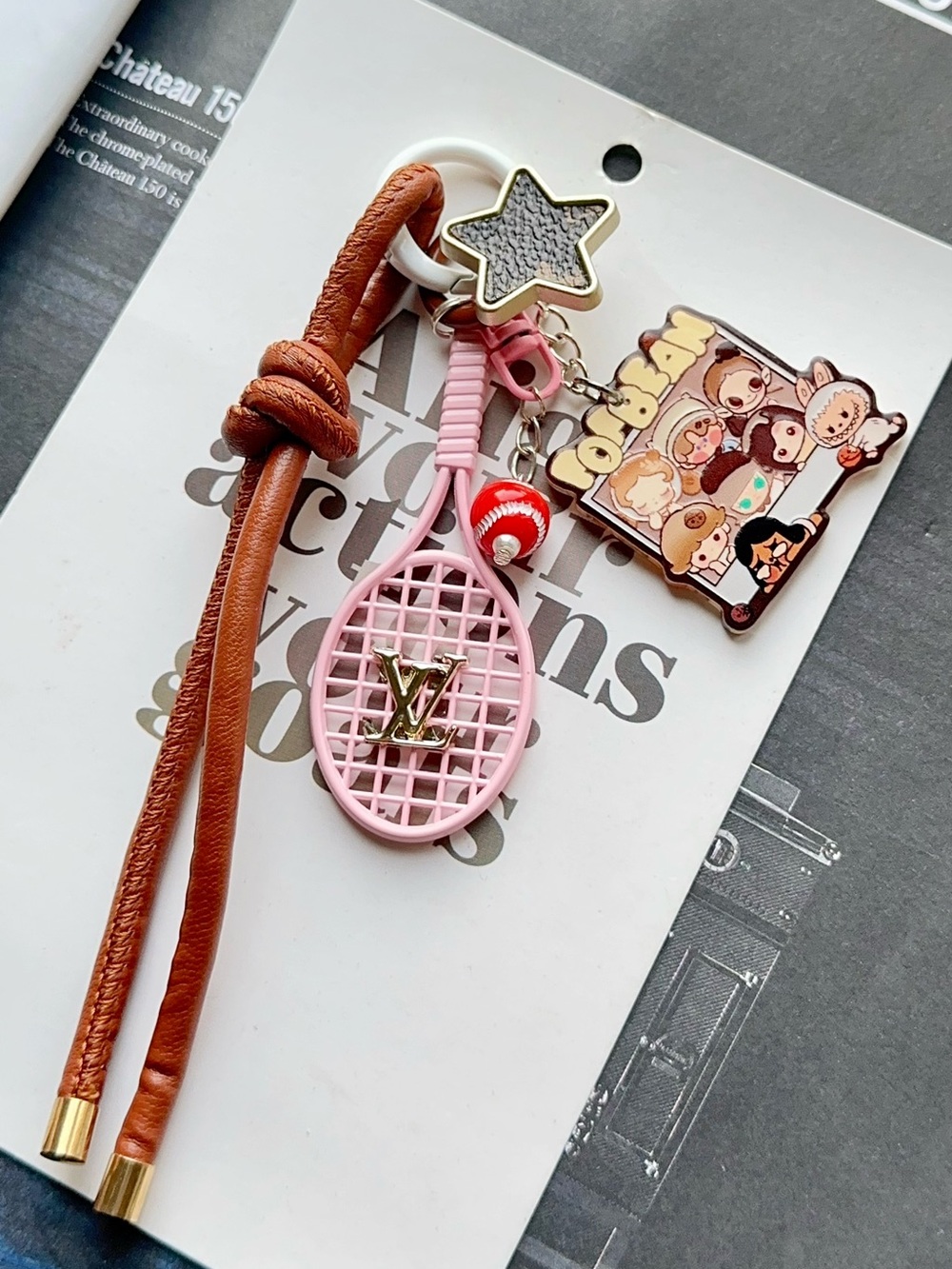 Pink Tennis Racket Bag Charm Keychain with Brown Leather Strap